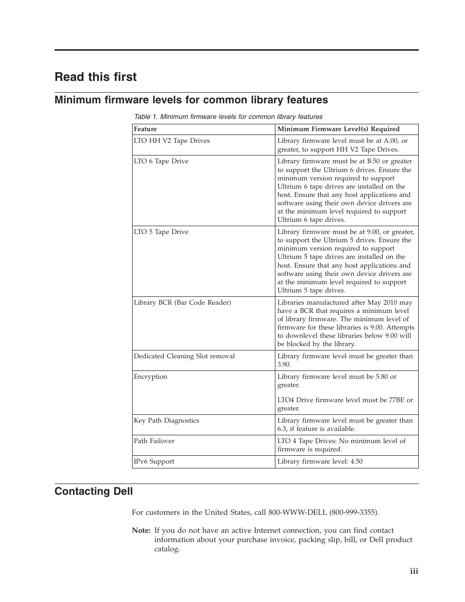 Read this first, Contacting dell | Dell PowerVault TL4000 User Manual | Page 5 / 306