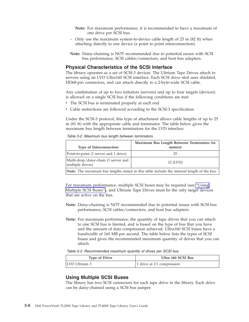 Physical characteristics of the scsi interface, Using multiple scsi buses, Maximum bus length between terminators | Dell PowerVault TL4000 User Manual | Page 50 / 306