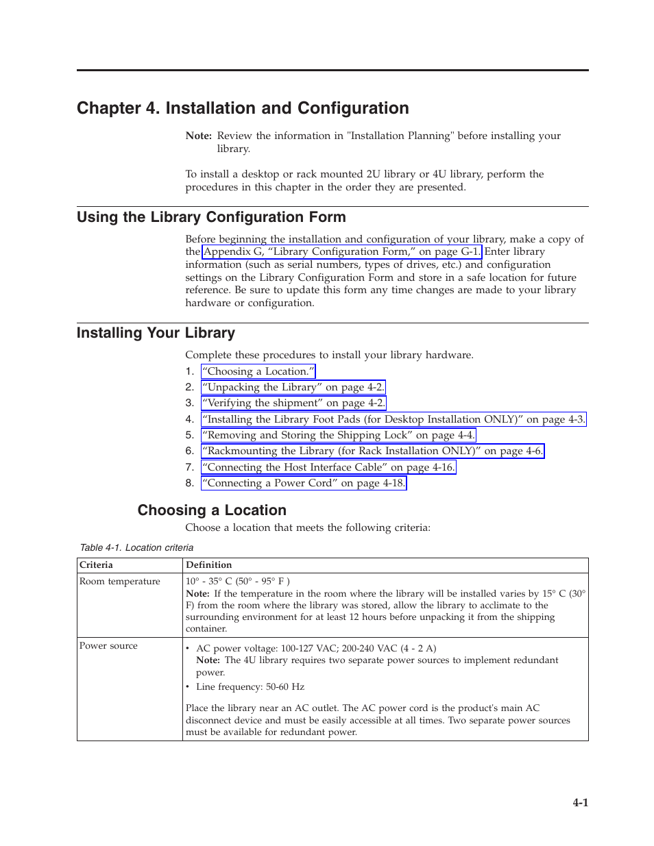Chapter 4. installation and configuration, Using the library configuration form, Installing your library | Choosing a location, Location criteria | Dell PowerVault TL4000 User Manual | Page 55 / 306