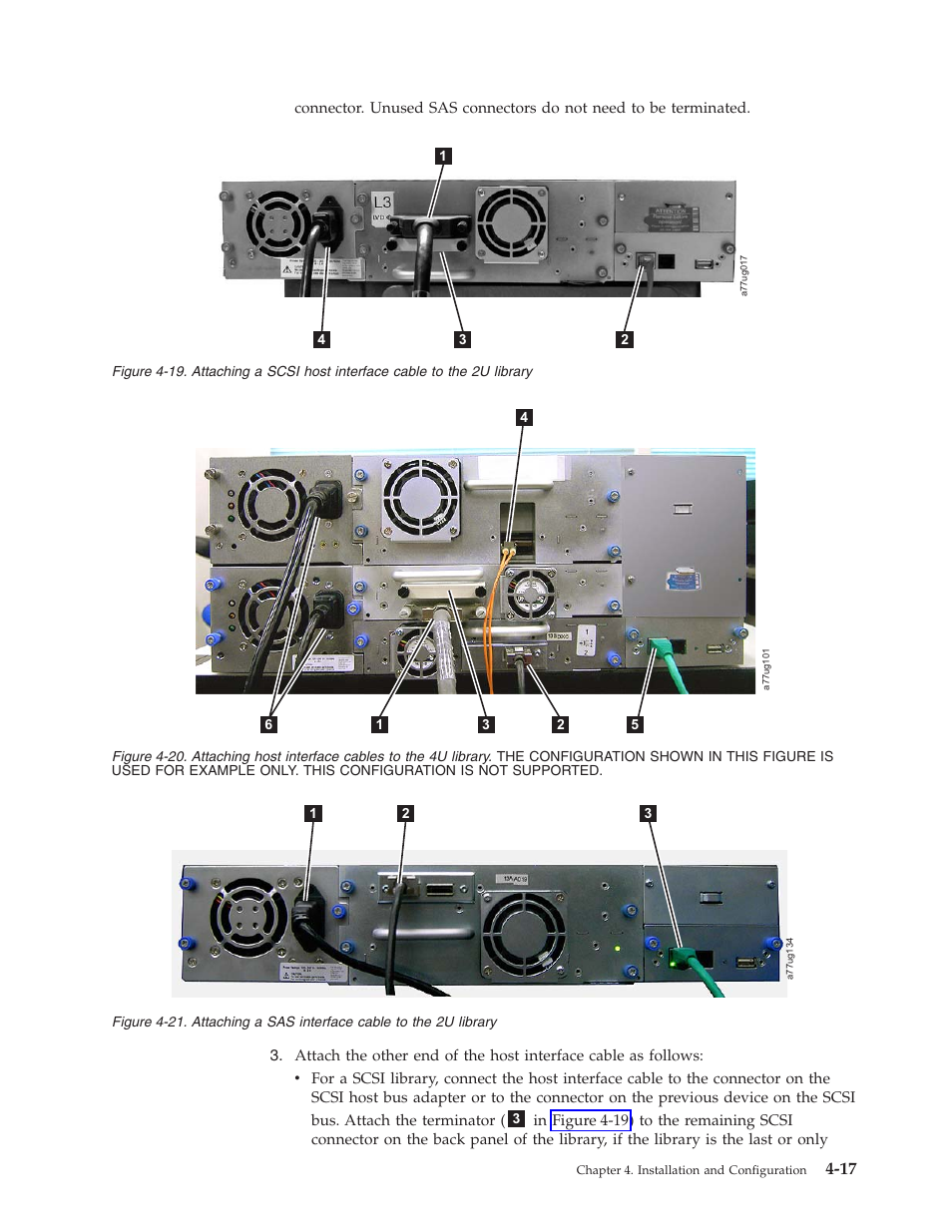Attaching host interface cables to the 4u library, Attaching a sas interface cable to the 2u library | Dell PowerVault TL4000 User Manual | Page 71 / 306
