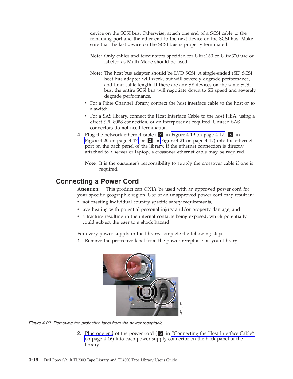 Connecting a power cord | Dell PowerVault TL4000 User Manual | Page 72 / 306