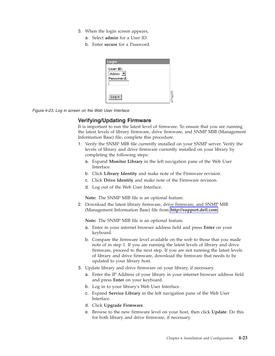 Verifying/updating firmware, Log in screen on the web user interface | Dell PowerVault TL4000 User Manual | Page 77 / 306