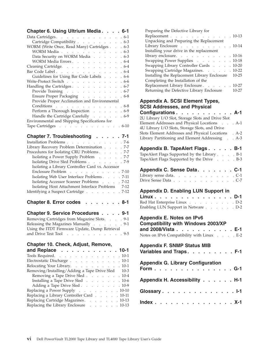 Chapter 6. using ultrium media -1, Chapter 7. troubleshooting -1, Chapter 10. check, adjust, remove, and replace -1 | Appendix b. tapealert flags . . . . . b-1, Appendix c. sense data . . . . . . . c-1 | Dell PowerVault TL4000 User Manual | Page 8 / 306