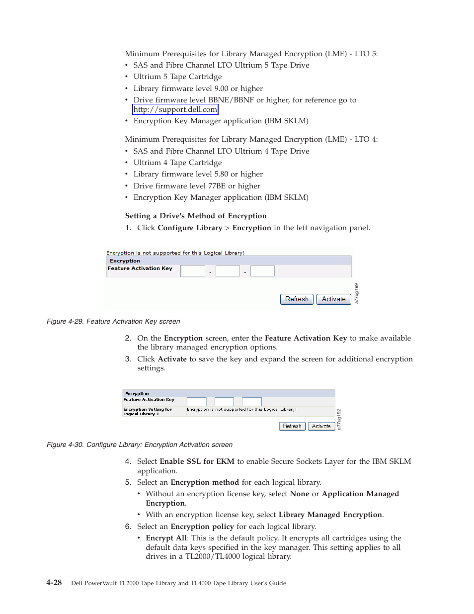 Feature activation key screen, Configure library: encryption activation screen | Dell PowerVault TL4000 User Manual | Page 82 / 306