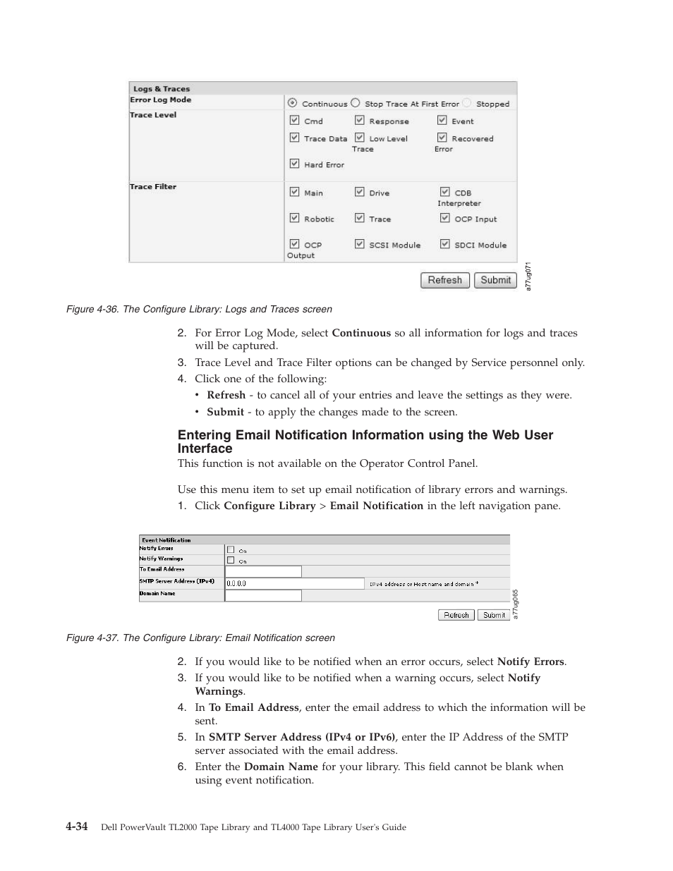 The configure library: logs and traces screen, The configure library: email notification screen | Dell PowerVault TL4000 User Manual | Page 88 / 306