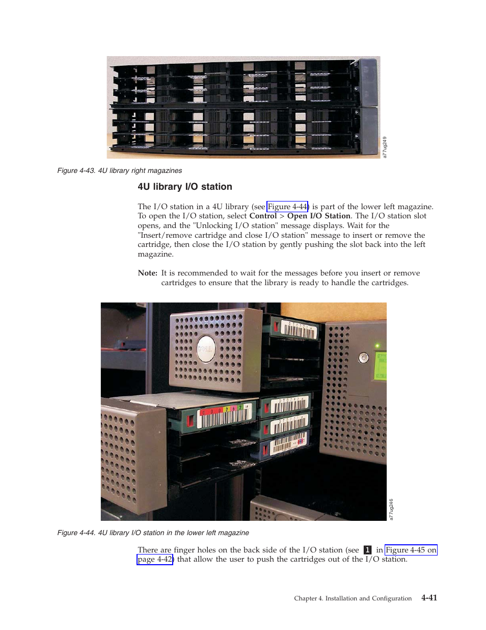 4u library right magazines, 4u library i/o station in the lower left magazine, 4u library i/o station | Dell PowerVault TL4000 User Manual | Page 95 / 306