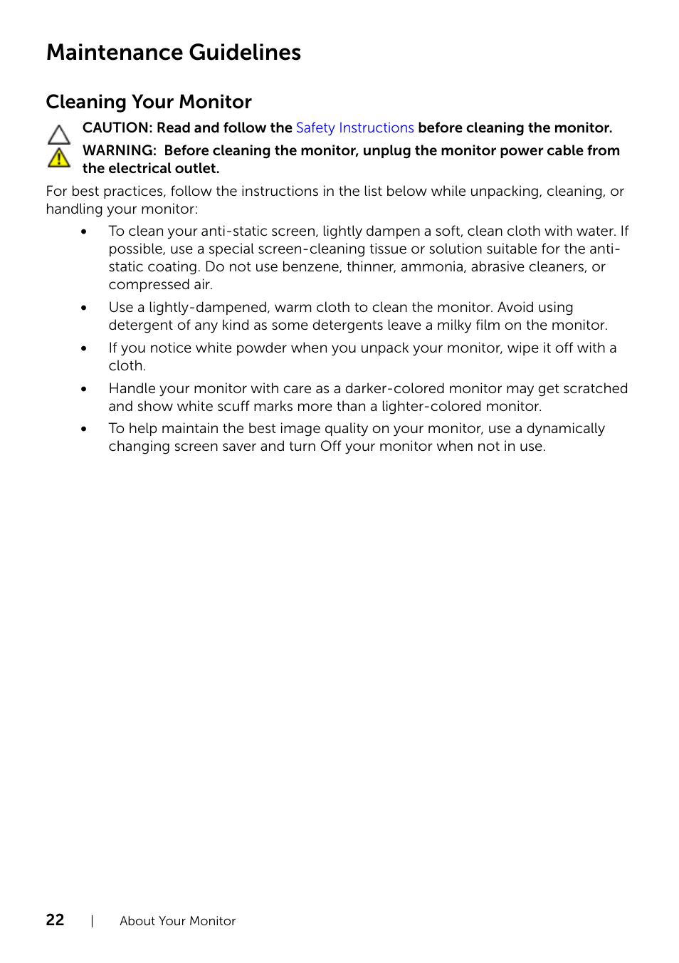 Maintenance guidelines, Cleaning your monitor | Dell U2414H Monitor User Manual | Page 22 / 63