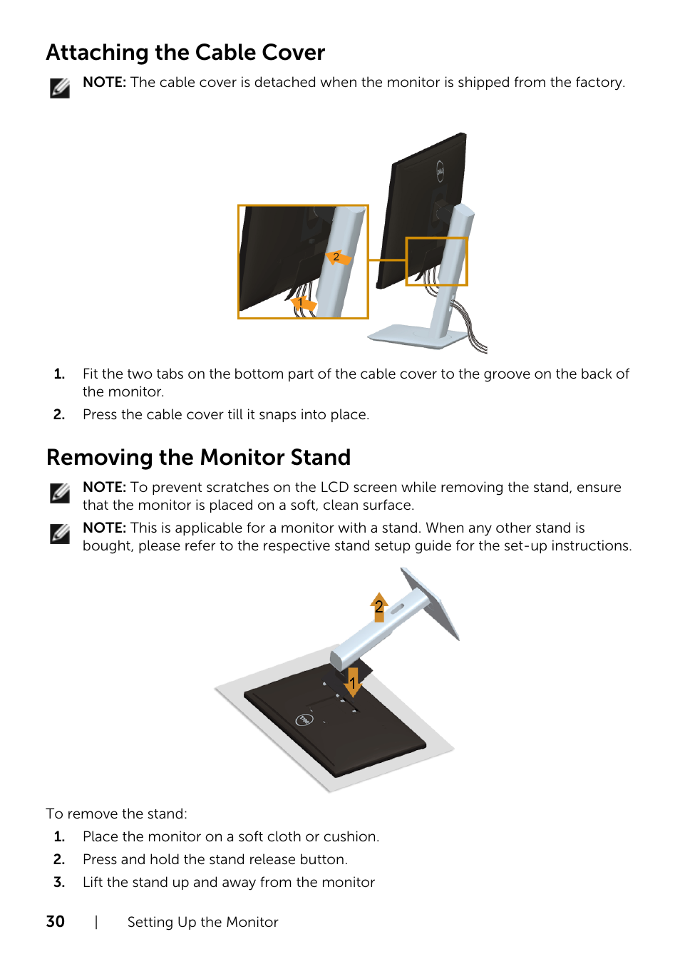Attaching the cable cover, Removing the monitor stand | Dell U2414H Monitor User Manual | Page 30 / 63