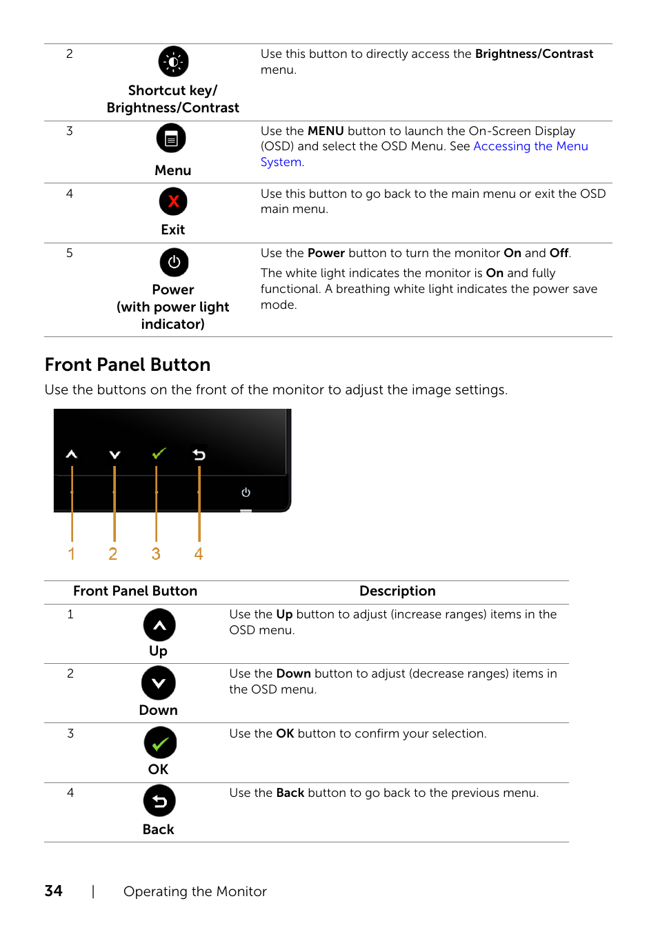 Front panel button | Dell U2414H Monitor User Manual | Page 34 / 63