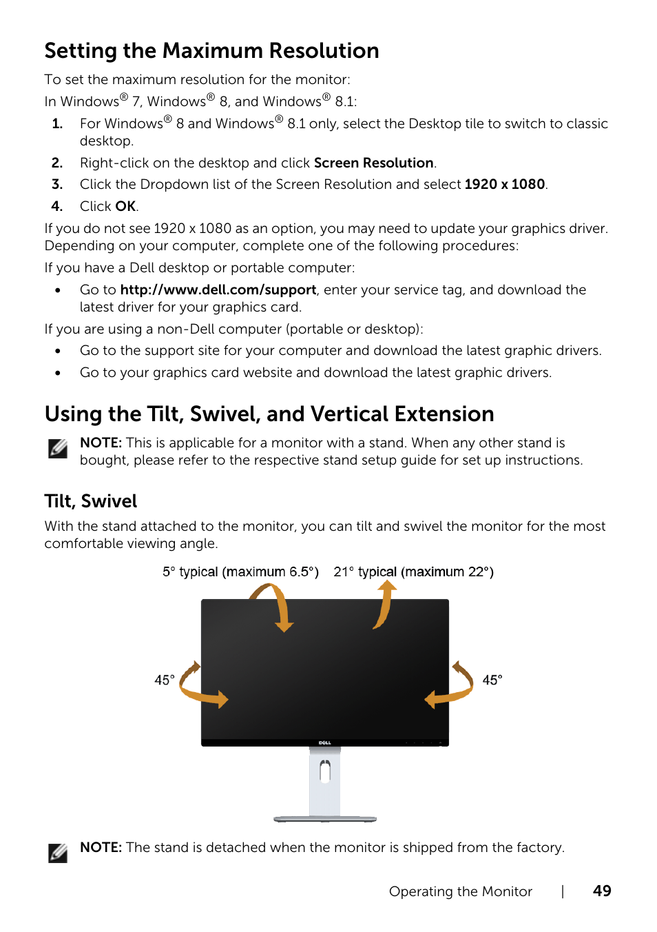 Using the tilt, swivel, and vertical extension, Setting the maximum resolution, Tilt, swivel | Dell U2414H Monitor User Manual | Page 49 / 63