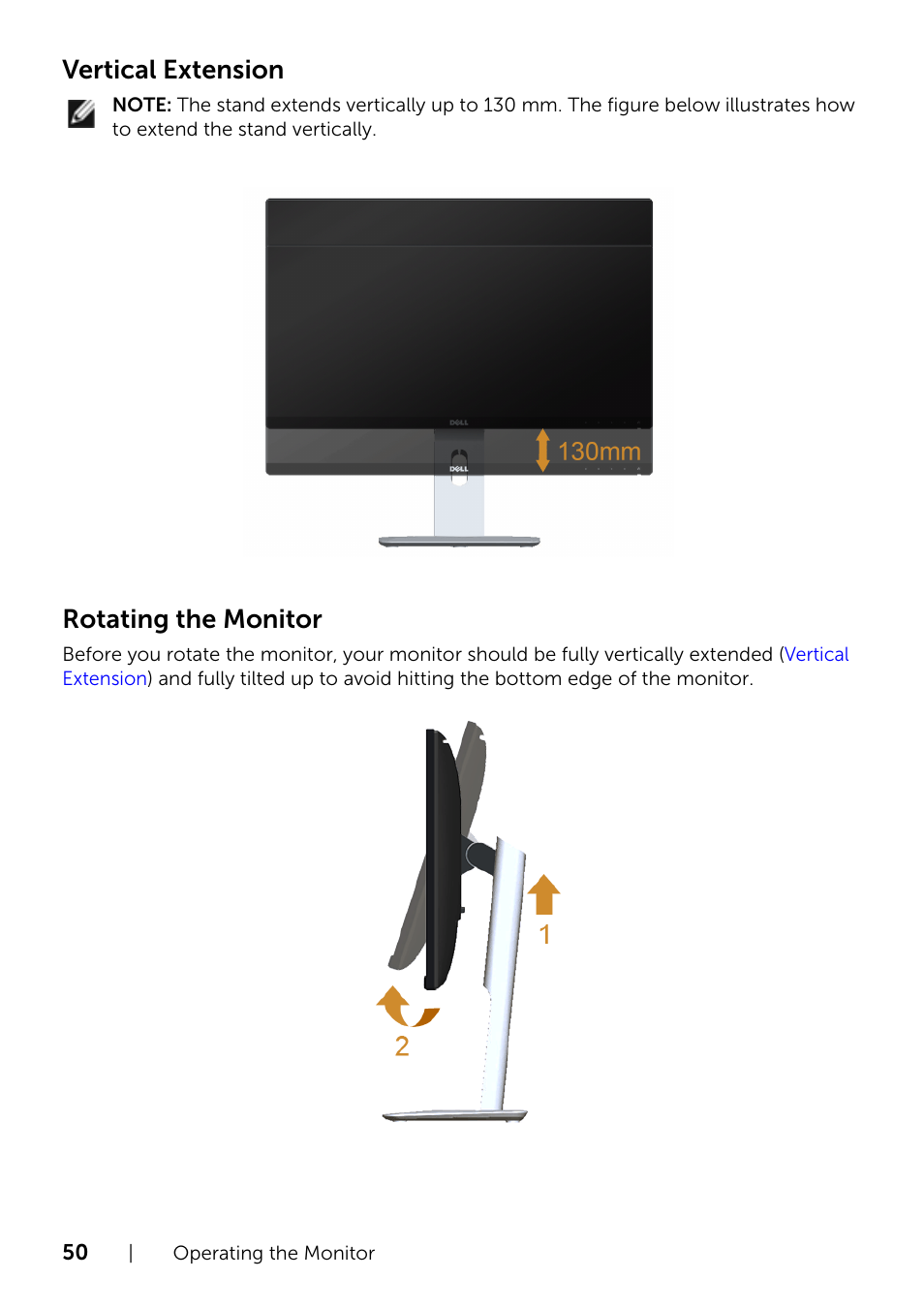Vertical extension, Rotating the monitor | Dell U2414H Monitor User Manual | Page 50 / 63