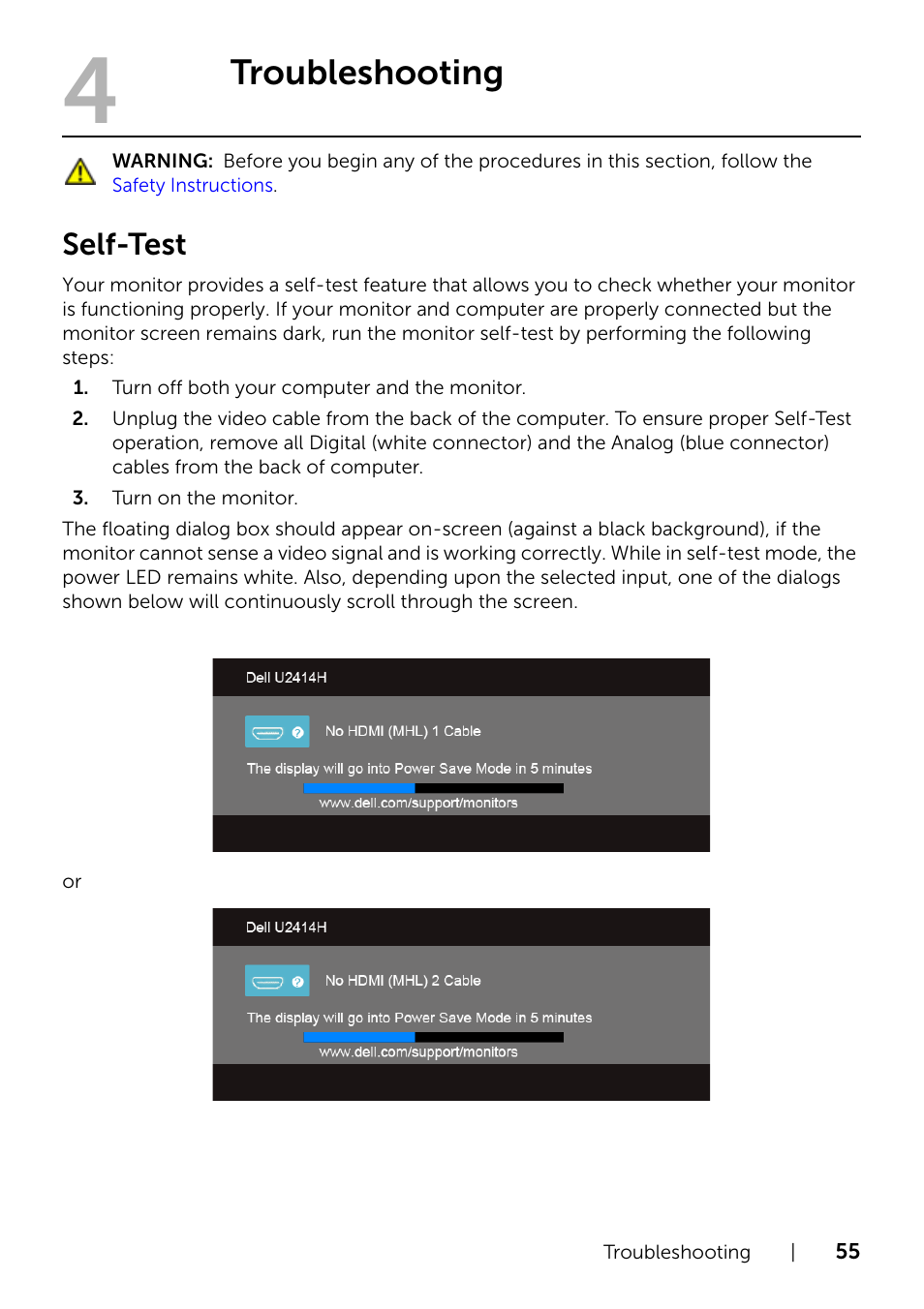 Troubleshooting, Self-test | Dell U2414H Monitor User Manual | Page 55 / 63