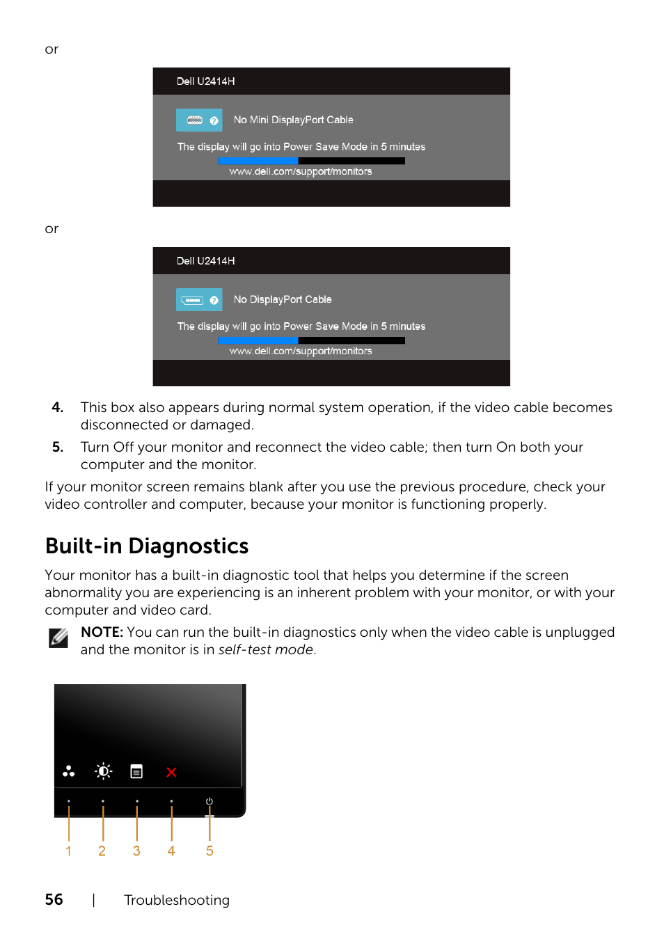 Built-in diagnostics | Dell U2414H Monitor User Manual | Page 56 / 63