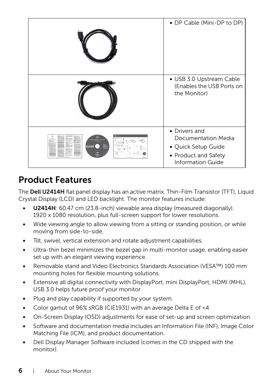 Product features | Dell U2414H Monitor User Manual | Page 6 / 63