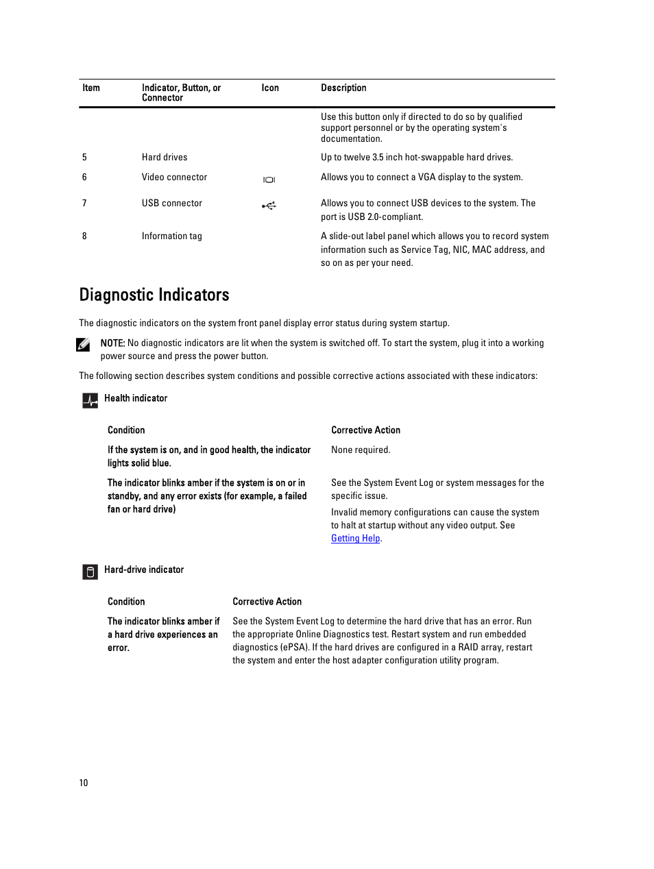 Diagnostic indicators | Dell PowerVault NX3200 User Manual | Page 10 / 133