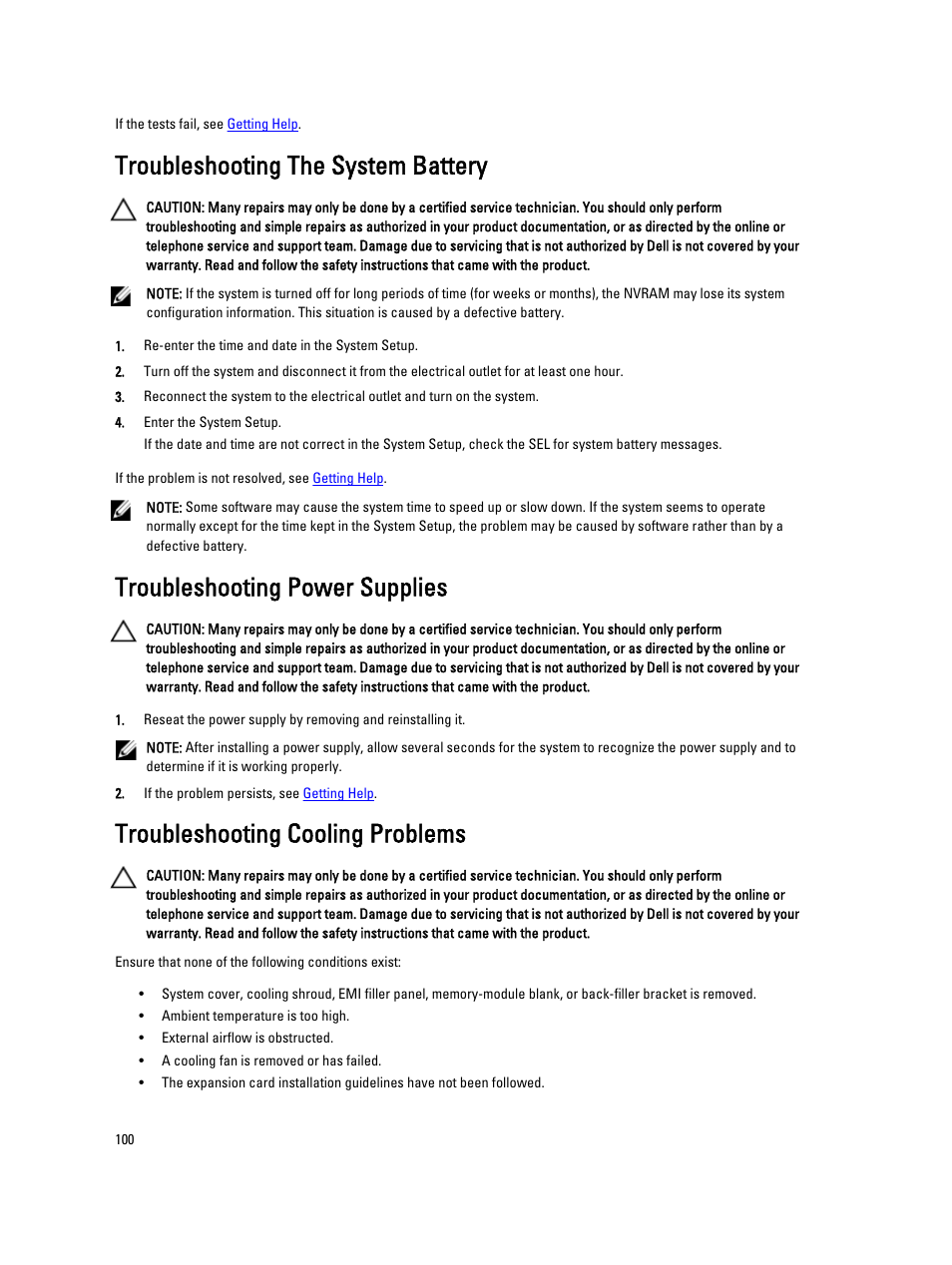Troubleshooting the system battery, Troubleshooting power supplies, Troubleshooting cooling problems | Dell PowerVault NX3200 User Manual | Page 100 / 133