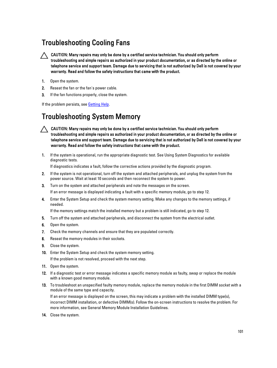 Troubleshooting cooling fans, Troubleshooting system memory | Dell PowerVault NX3200 User Manual | Page 101 / 133