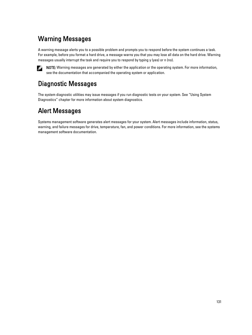 Warning messages, Diagnostic messages, Alert messages | Dell PowerVault NX3200 User Manual | Page 131 / 133