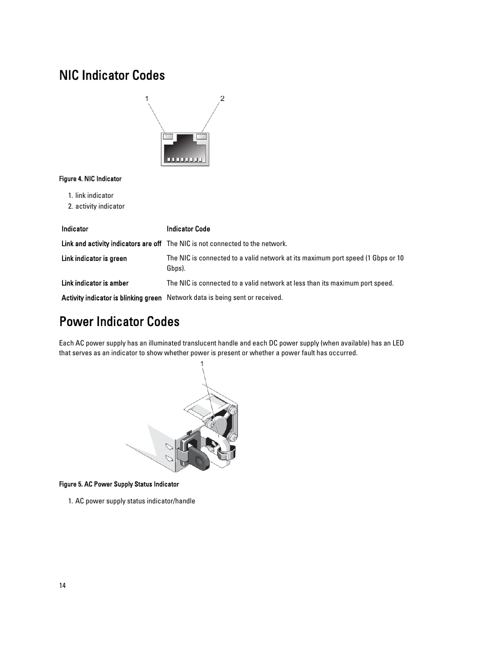 Nic indicator codes, Power indicator codes | Dell PowerVault NX3200 User Manual | Page 14 / 133