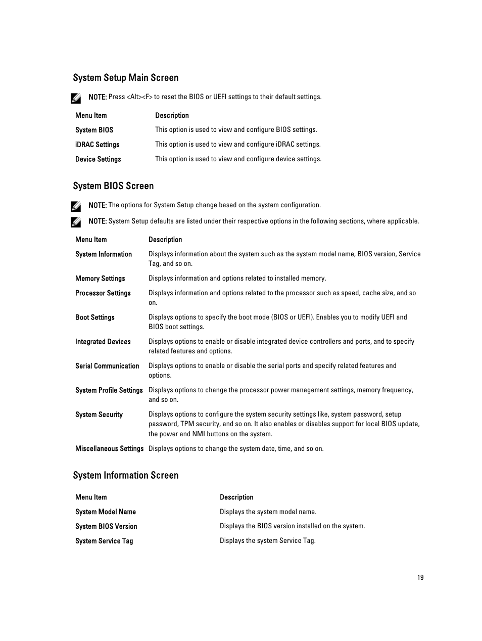 System setup main screen, System bios screen, System information screen | Dell PowerVault NX3200 User Manual | Page 19 / 133