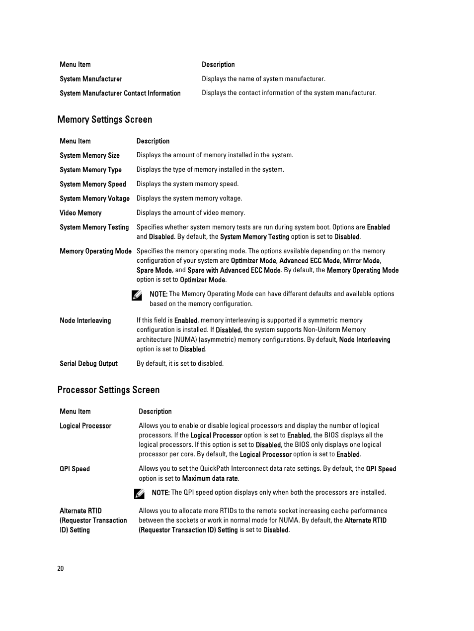 Memory settings screen, Processor settings screen | Dell PowerVault NX3200 User Manual | Page 20 / 133