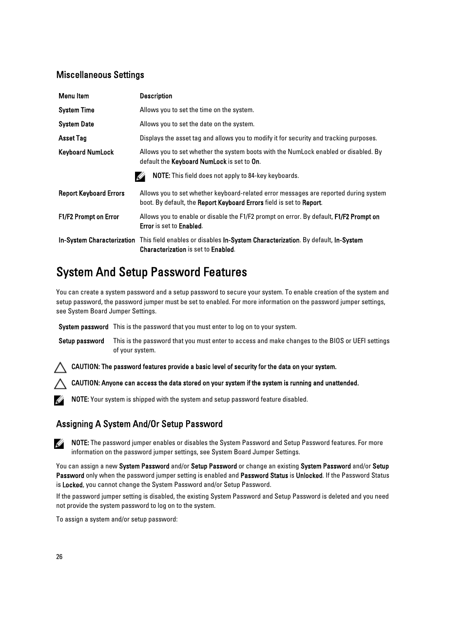 Miscellaneous settings, System and setup password features, Assigning a system and/or setup password | Dell PowerVault NX3200 User Manual | Page 26 / 133