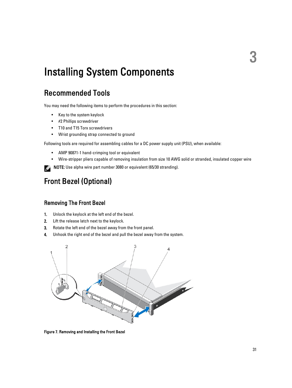 Installing system components, Recommended tools, Front bezel (optional) | Removing the front bezel, 3 installing system components | Dell PowerVault NX3200 User Manual | Page 31 / 133