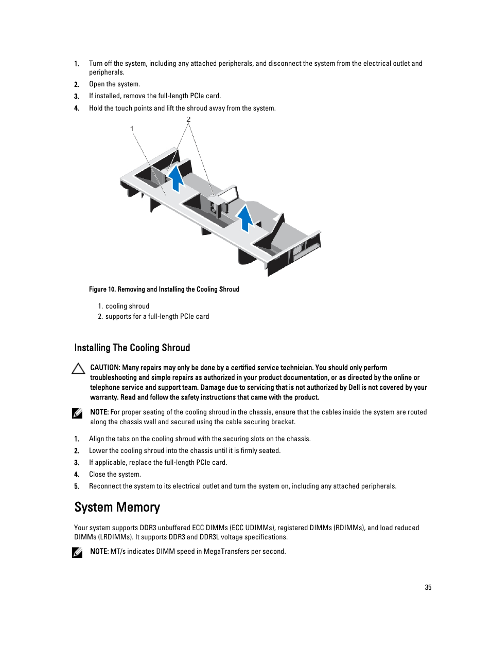 Installing the cooling shroud, System memory | Dell PowerVault NX3200 User Manual | Page 35 / 133