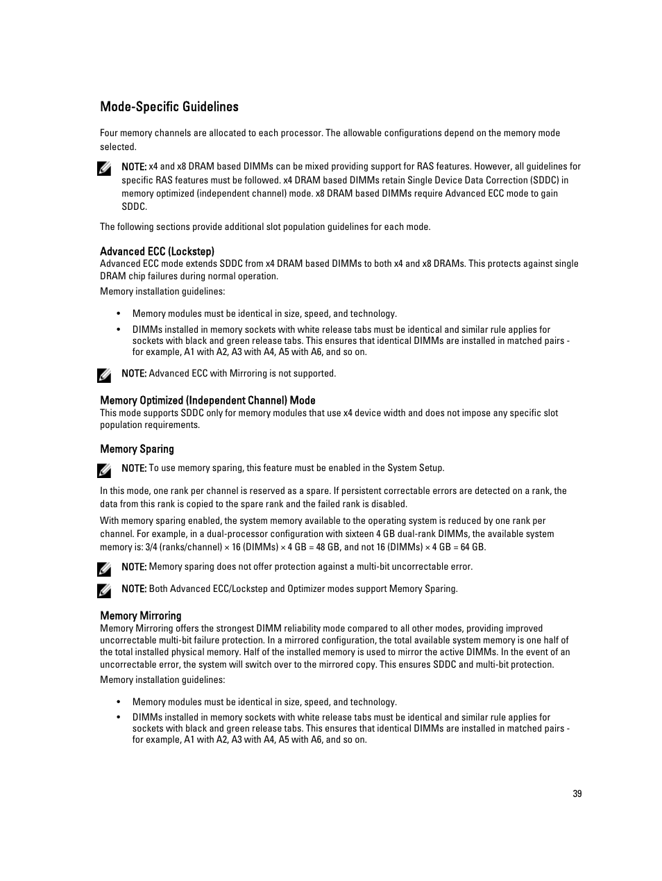 Mode-specific guidelines, Advanced ecc (lockstep), Memory optimized (independent channel) mode | Memory sparing, Memory mirroring | Dell PowerVault NX3200 User Manual | Page 39 / 133