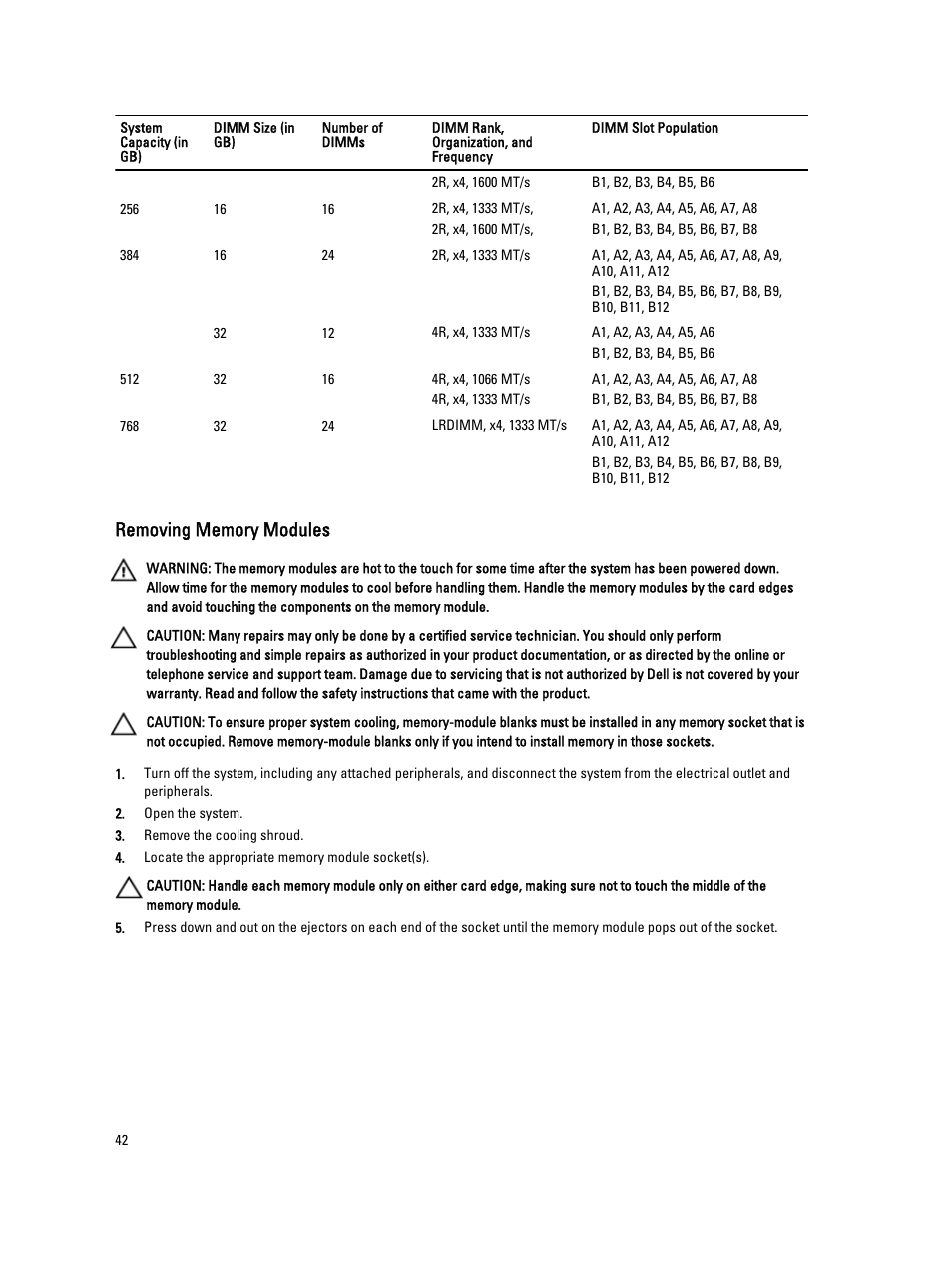 Removing memory modules | Dell PowerVault NX3200 User Manual | Page 42 / 133