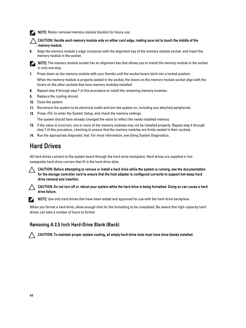 Hard drives, Removing a 2.5 inch hard-drive blank (back) | Dell PowerVault NX3200 User Manual | Page 44 / 133