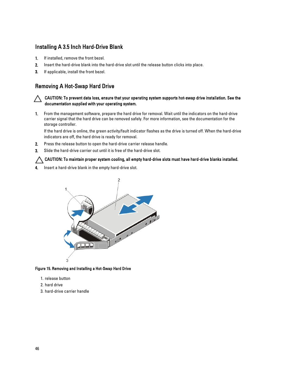 Installing a 3.5 inch hard-drive blank, Removing a hot-swap hard drive | Dell PowerVault NX3200 User Manual | Page 46 / 133