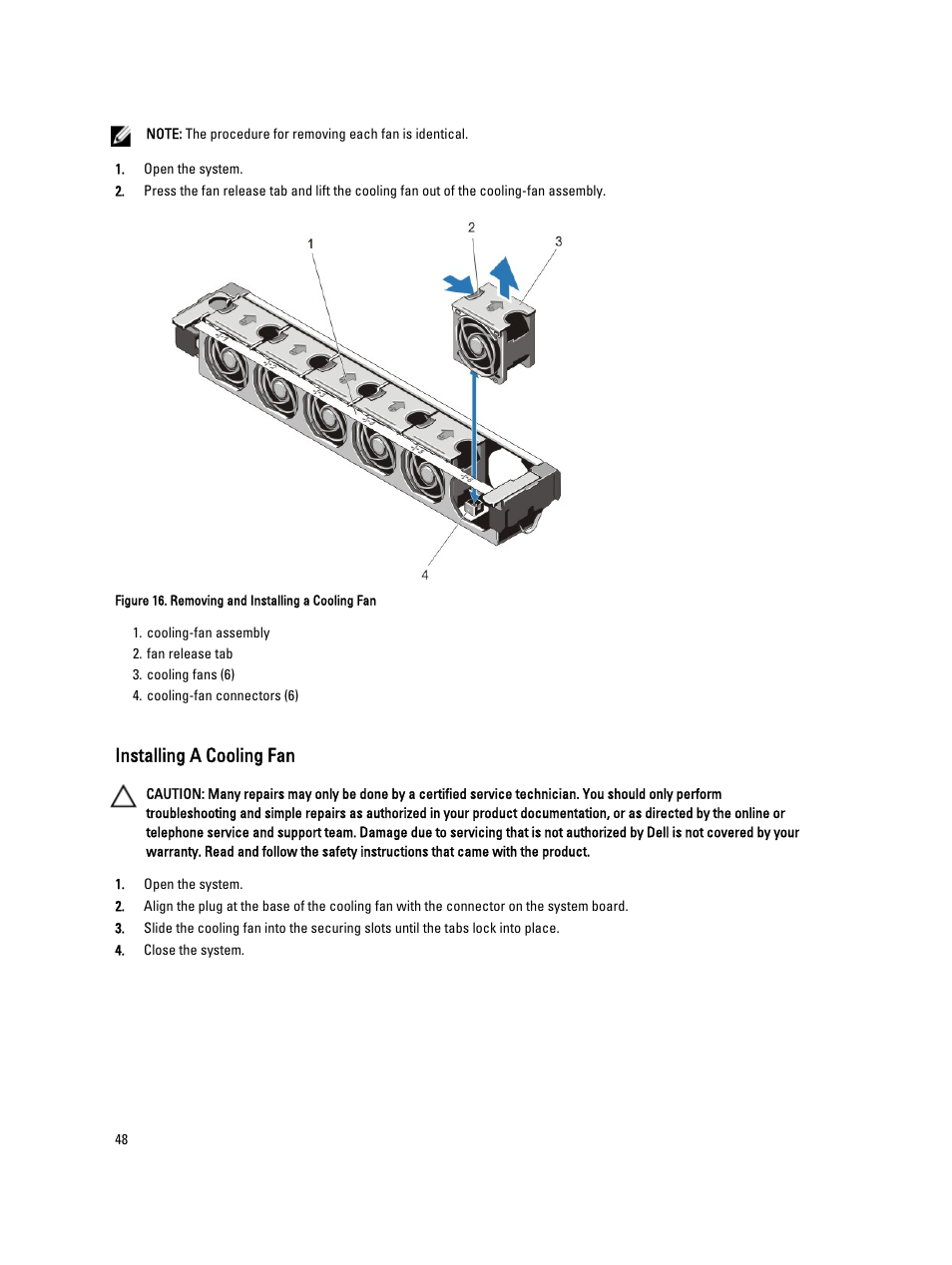 Installing a cooling fan | Dell PowerVault NX3200 User Manual | Page 48 / 133