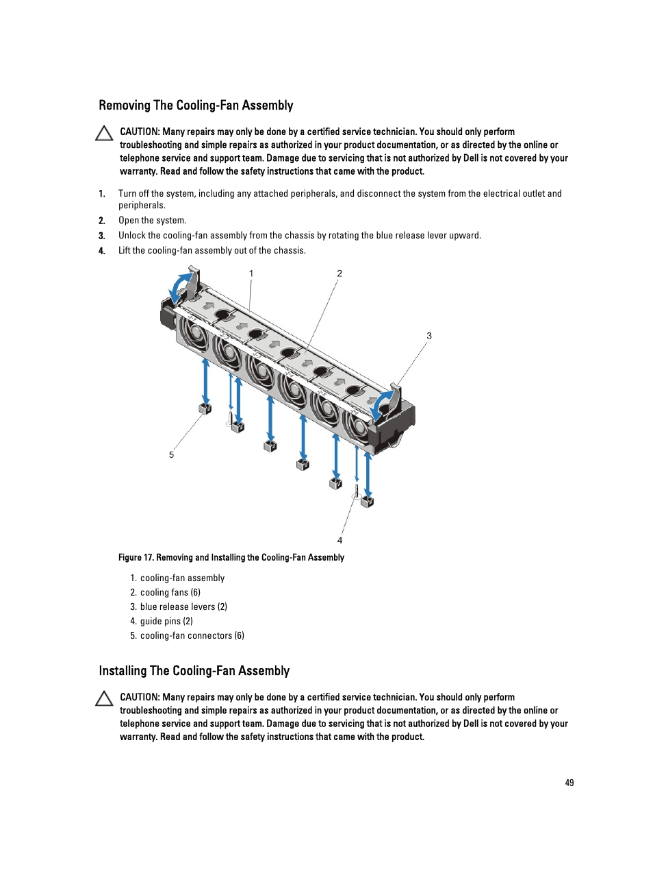 Removing the cooling-fan assembly, Installing the cooling-fan assembly | Dell PowerVault NX3200 User Manual | Page 49 / 133
