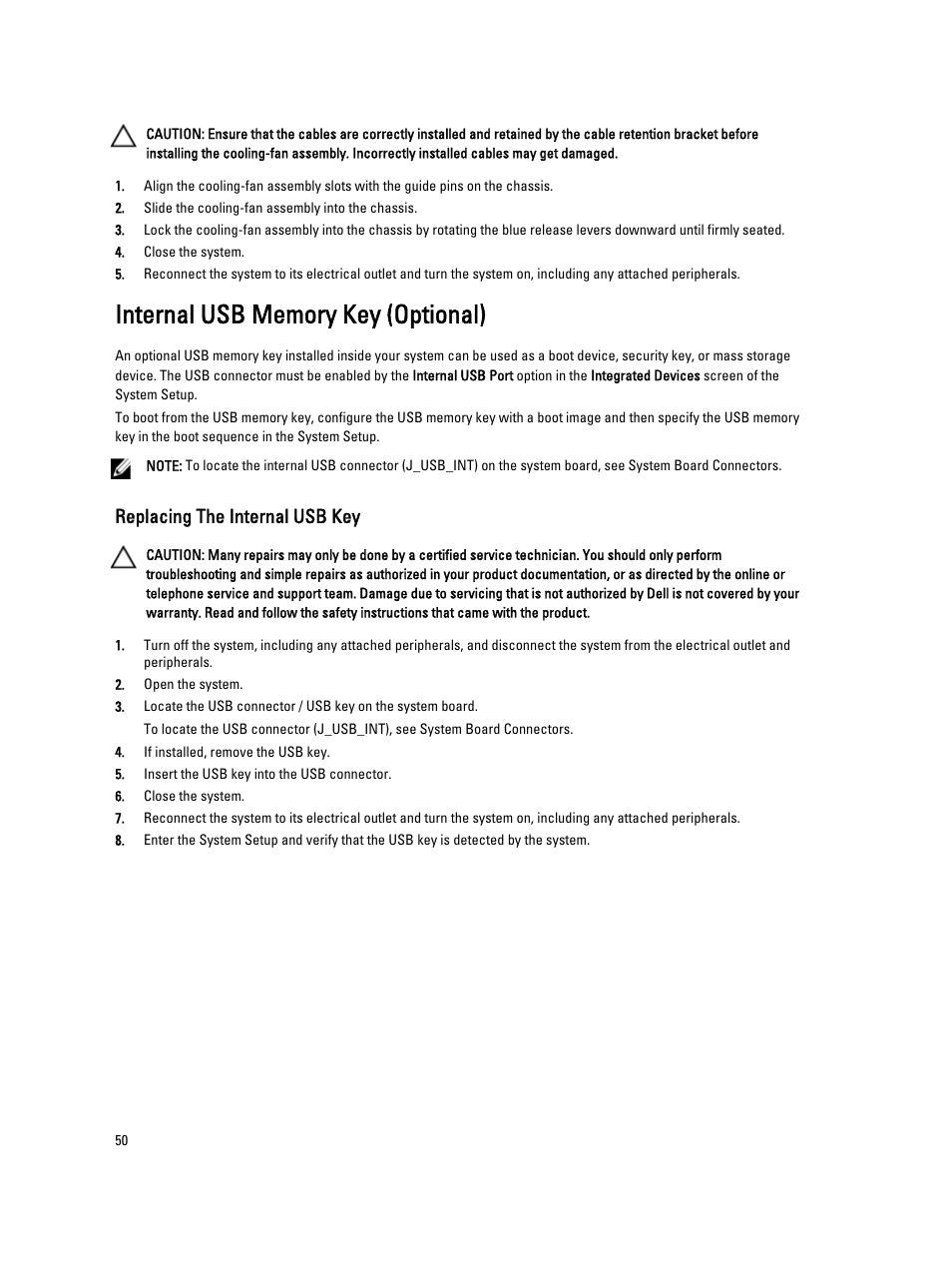 Internal usb memory key (optional), Replacing the internal usb key | Dell PowerVault NX3200 User Manual | Page 50 / 133