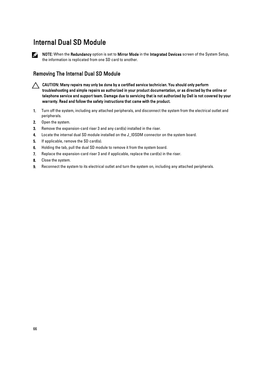 Internal dual sd module, Removing the internal dual sd module | Dell PowerVault NX3200 User Manual | Page 66 / 133