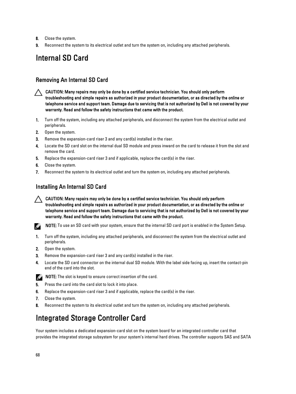 Internal sd card, Removing an internal sd card, Installing an internal sd card | Integrated storage controller card | Dell PowerVault NX3200 User Manual | Page 68 / 133