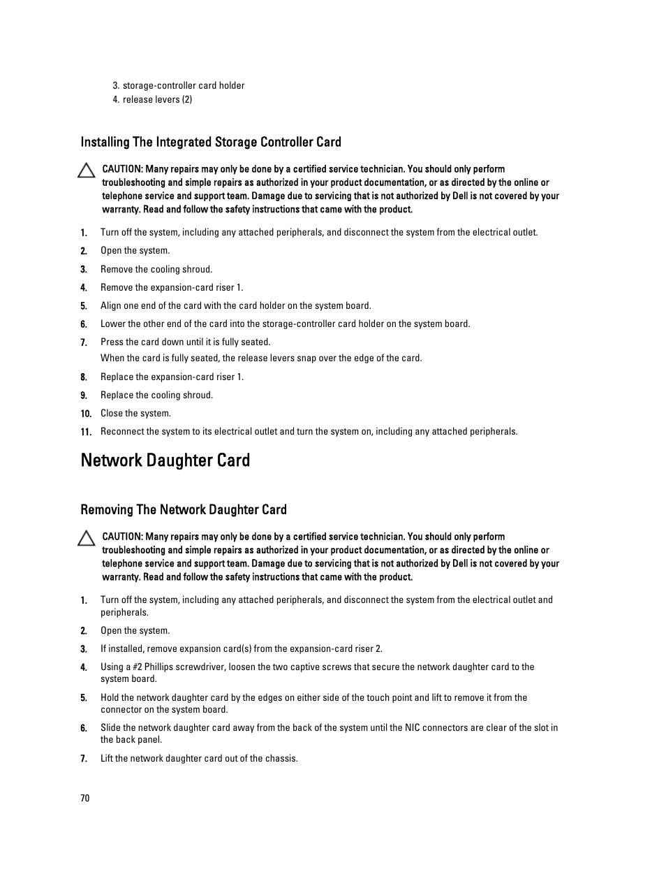 Installing the integrated storage controller card, Network daughter card, Removing the network daughter card | Dell PowerVault NX3200 User Manual | Page 70 / 133