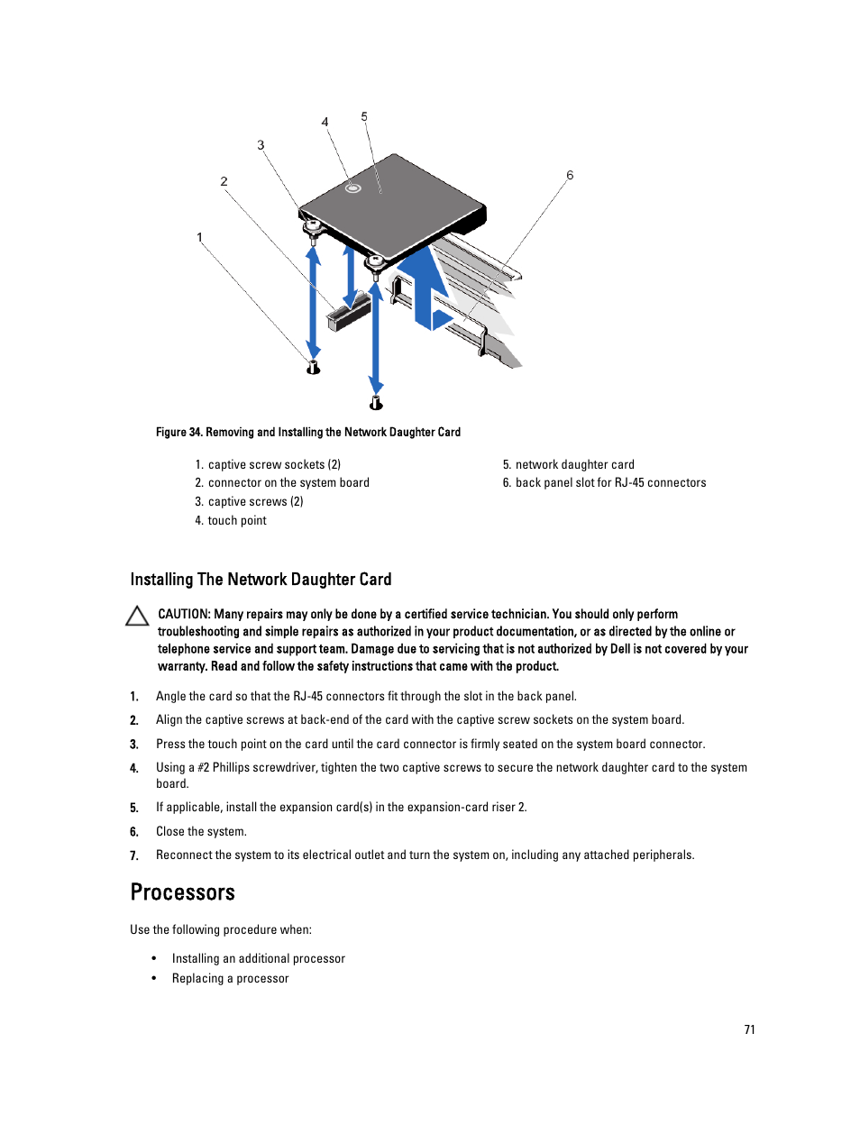 Installing the network daughter card, Processors | Dell PowerVault NX3200 User Manual | Page 71 / 133