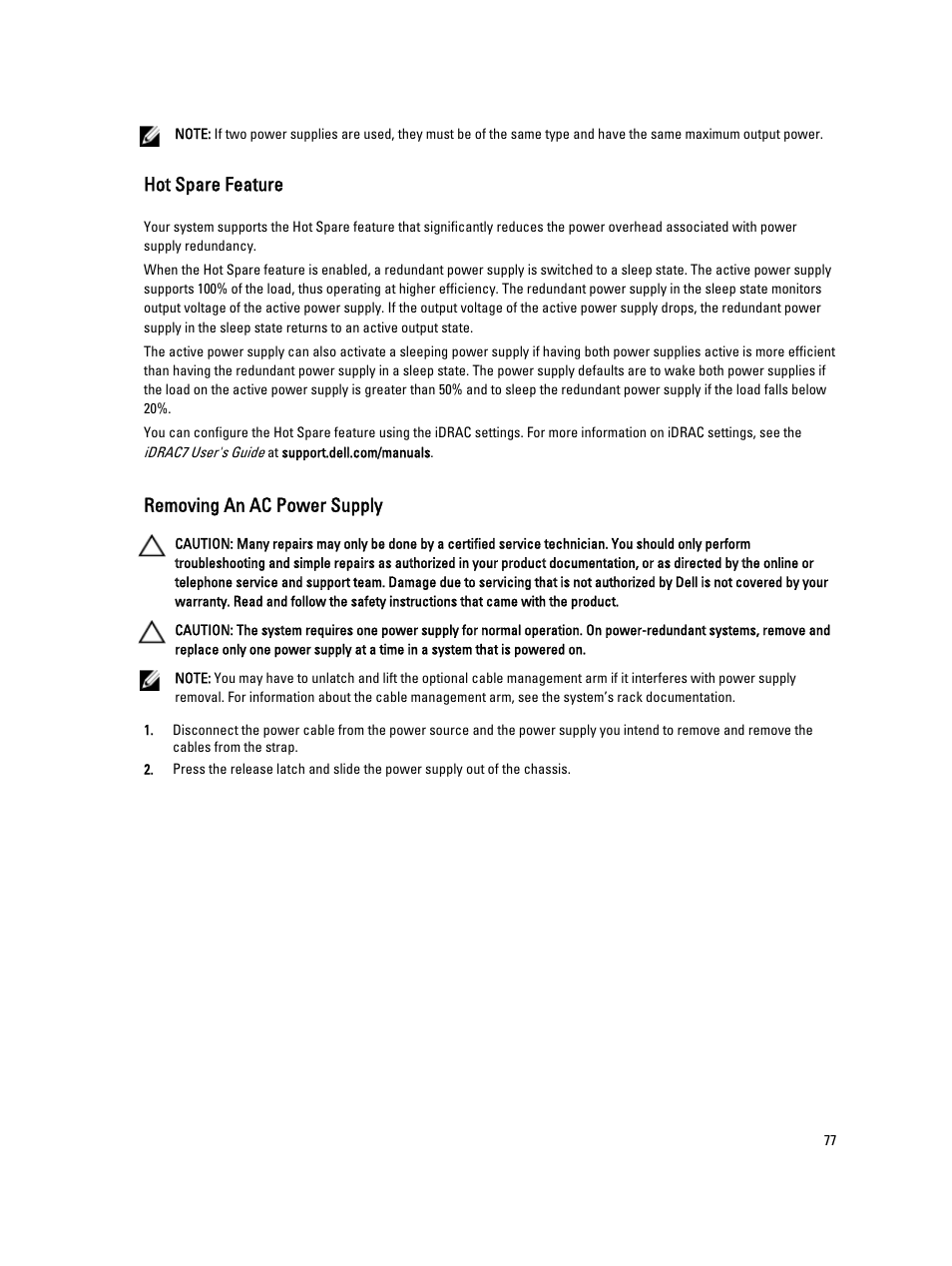 Hot spare feature, Removing an ac power supply | Dell PowerVault NX3200 User Manual | Page 77 / 133