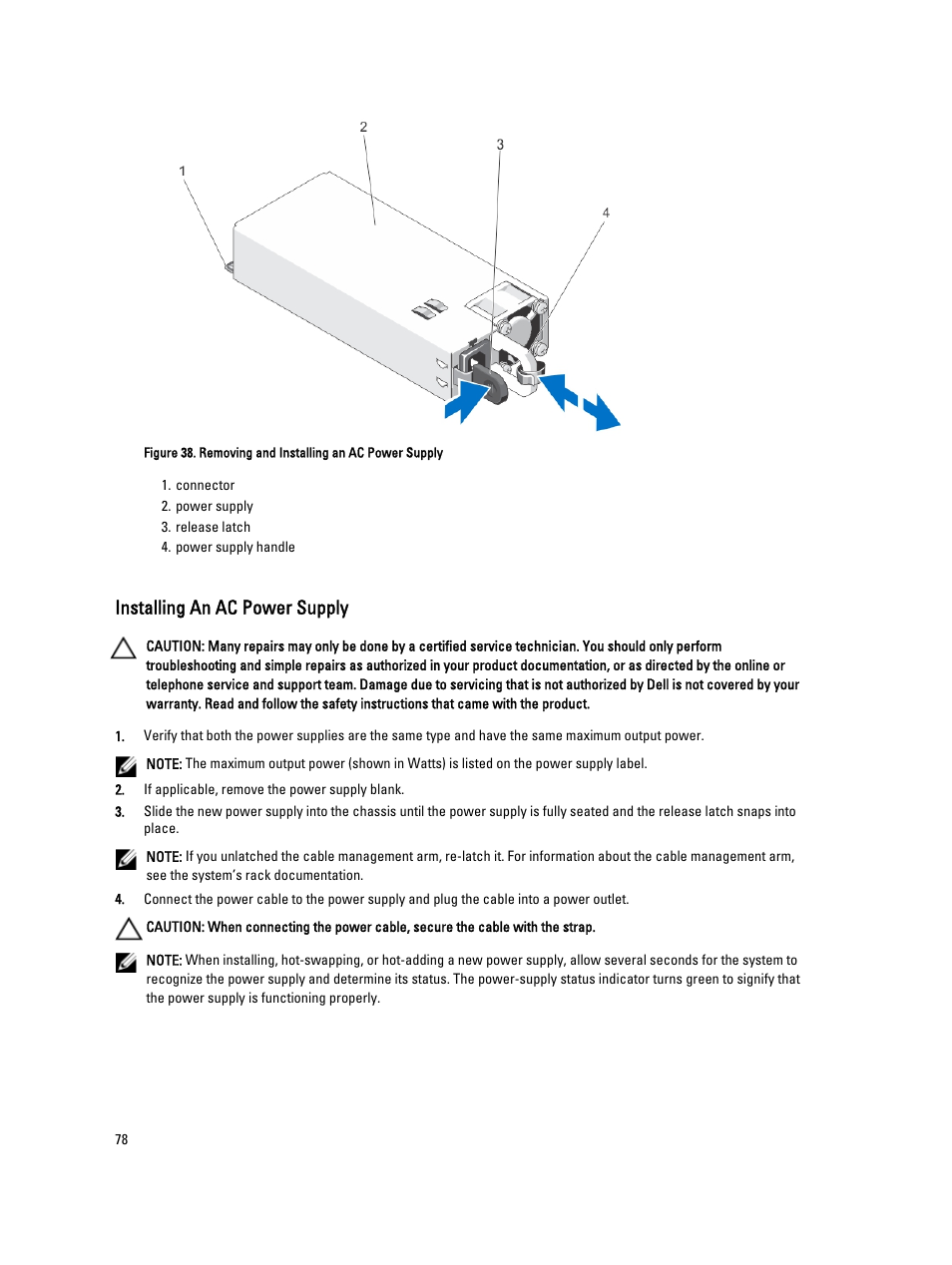 Installing an ac power supply | Dell PowerVault NX3200 User Manual | Page 78 / 133