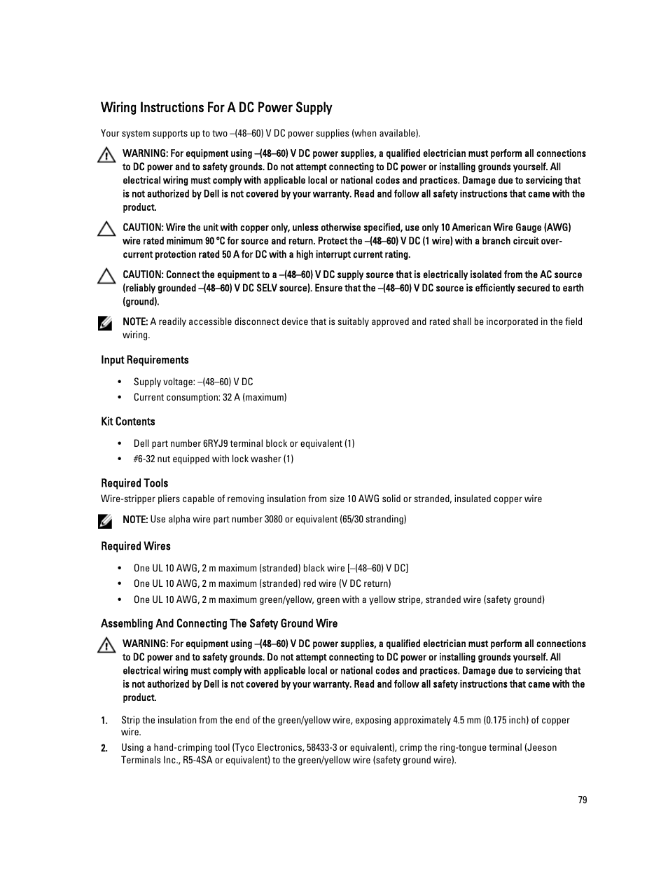 Wiring instructions for a dc power supply, Input requirements, Kit contents | Required tools, Required wires, Assembling and connecting the safety ground wire | Dell PowerVault NX3200 User Manual | Page 79 / 133