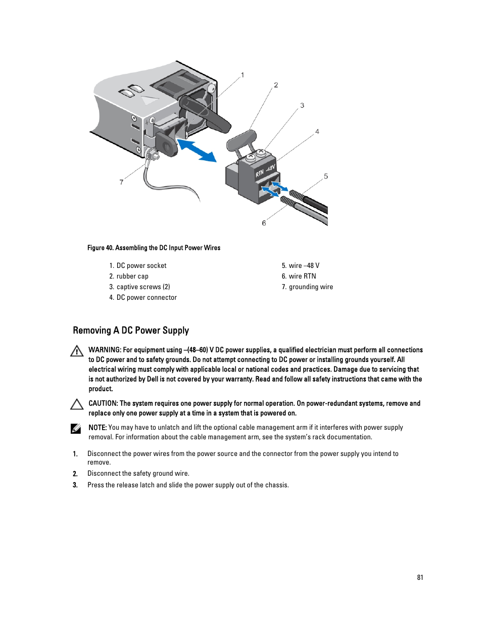 Removing a dc power supply | Dell PowerVault NX3200 User Manual | Page 81 / 133