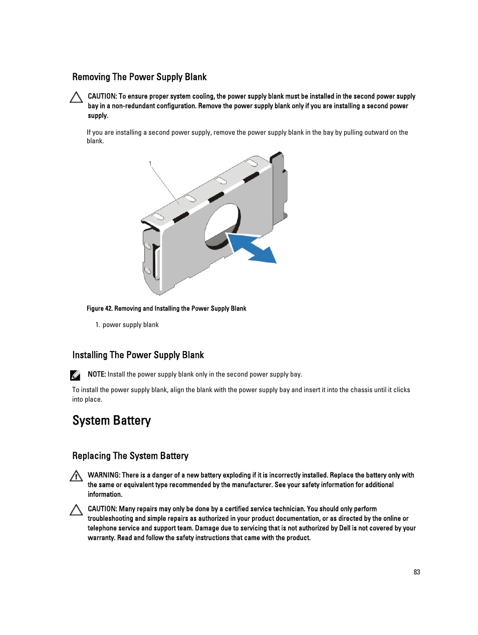 Removing the power supply blank, Installing the power supply blank, System battery | Replacing the system battery | Dell PowerVault NX3200 User Manual | Page 83 / 133