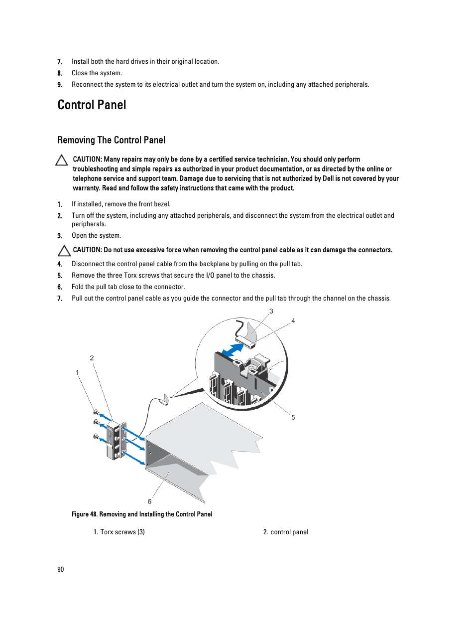 Control panel, Removing the control panel | Dell PowerVault NX3200 User Manual | Page 90 / 133