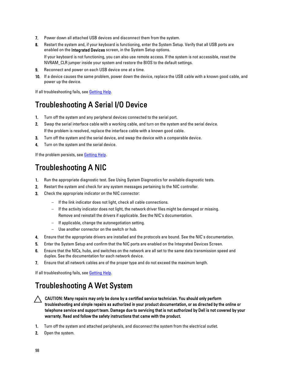 Troubleshooting a serial i/o device, Troubleshooting a nic, Troubleshooting a wet system | Dell PowerVault NX3200 User Manual | Page 98 / 133