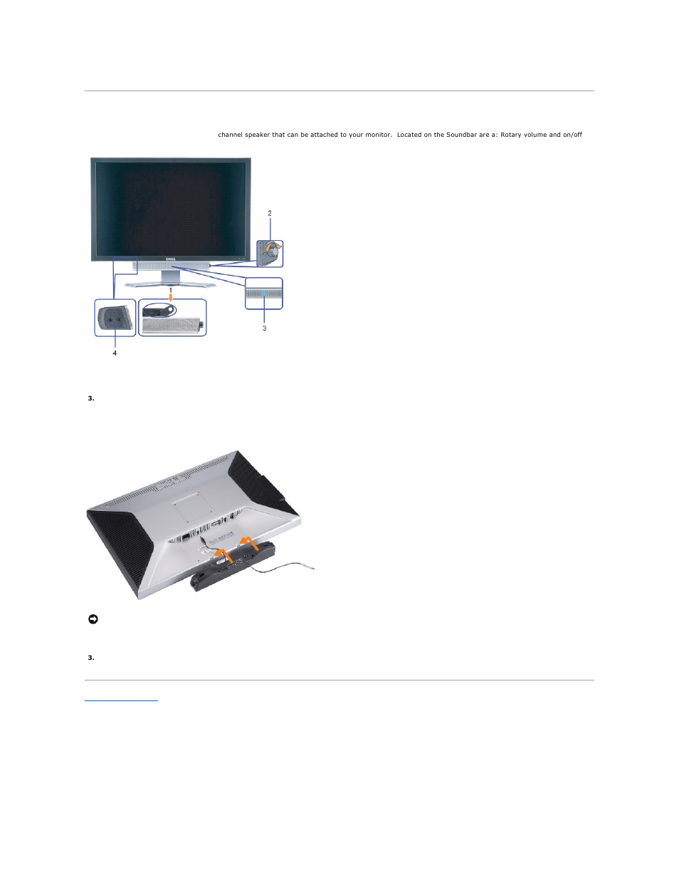 Using the dell soundbar (optional), Soundbar attachment to the monitor | Dell 3007WFP-HC Monitor User Manual | Page 22 / 25