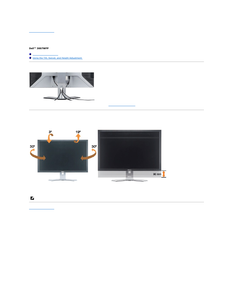 Using your adjustable monitor stand, Organizing your cables, Using the tilt, swivel, and height adjustment | Dell 3007WFP-HC Monitor User Manual | Page 25 / 25