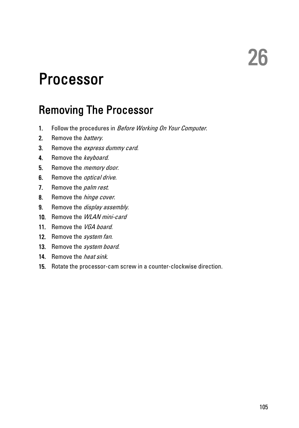 Processor, Removing the processor, 26 processor | Dell Vostro 3450 (Early 2011) User Manual | Page 105 / 131