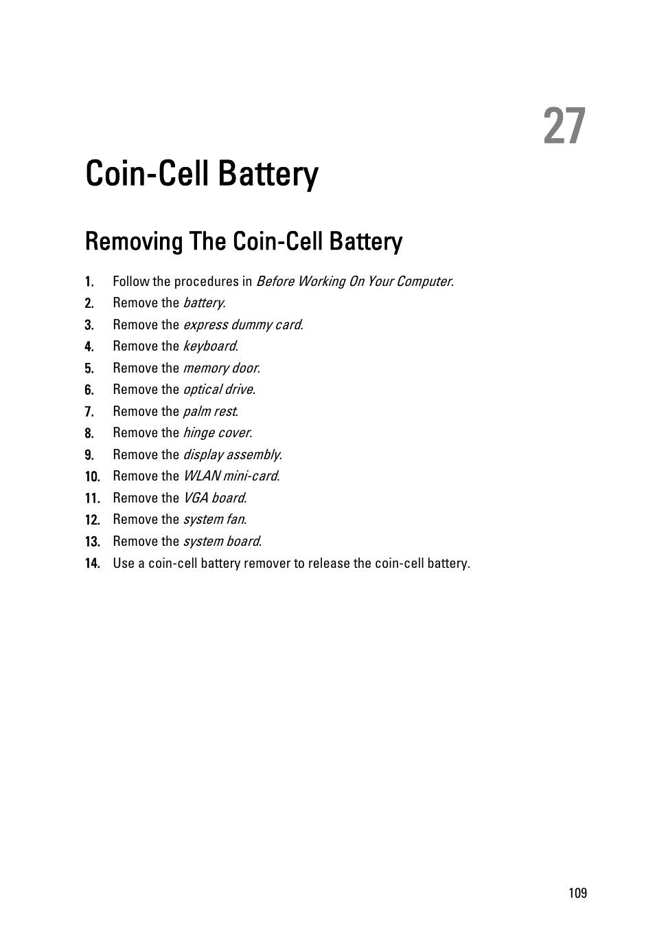 Coin-cell battery, Removing the coin-cell battery, 27 coin-cell battery | Dell Vostro 3450 (Early 2011) User Manual | Page 109 / 131